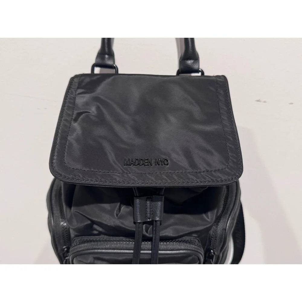 Madden NYC Black Nylon Mini Backpack with Chain Detail and Branded Straps